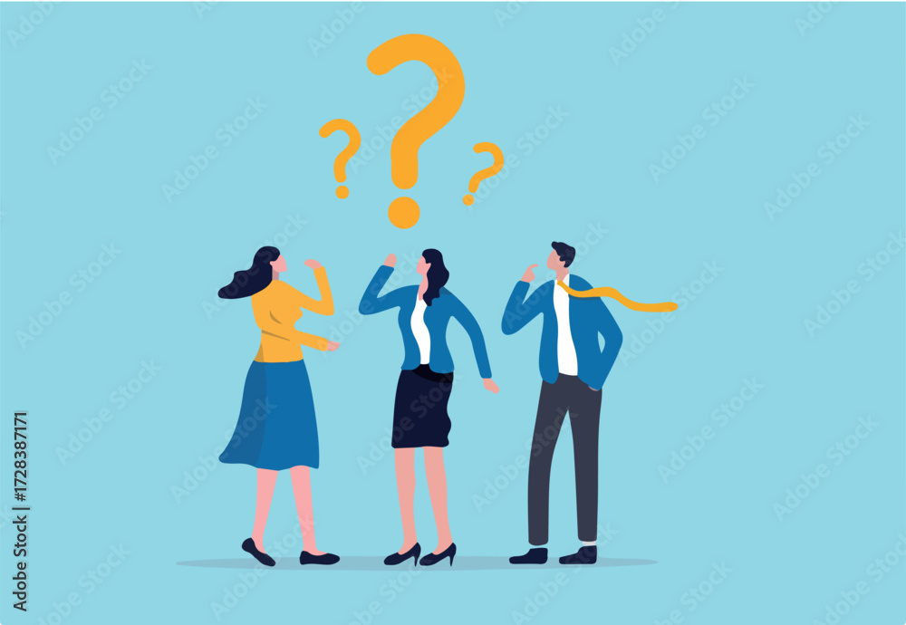 Obraz premium Confused business team finding answer or solution to solve problem, work question or doubt and suspicion in work process concept, businessman and woman team thinking with question mark symbol.