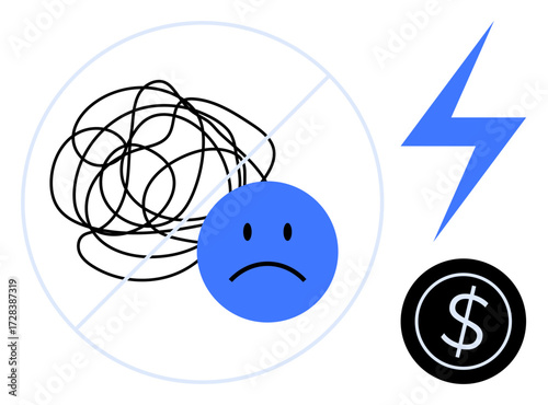 Sad face with tangled lines crossed out, lightning bolt, and coin. Ideal for mental clarity, financial stress, emotional well-being, problem-solving, motivation, resilience simple flat metaphor
