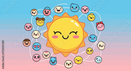 Illustration Vector with Cartoon Sun and Emoji Faces in Pastel Colors Modern Style