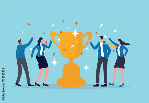 Team success recognition, reward for teamwork to achieve business goal, victory for coworkers to complete work mission concept, happiness success businessmen and women team holding winning trophy cup