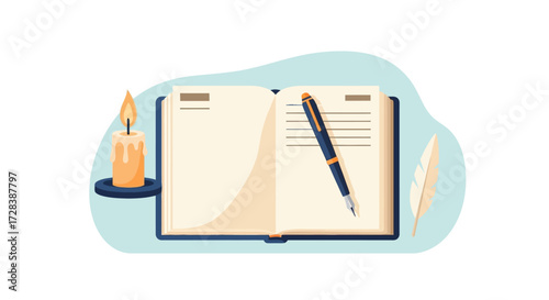 Vector Illustration of Open Book with Pen Feather and Candle in Minimalist Style