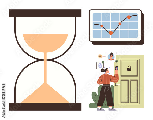 Hourglass measuring time, upward graph tracking progress, person using biometric access on a door. Ideal for time optimization, efficiency, security, technology, progress, data analysis