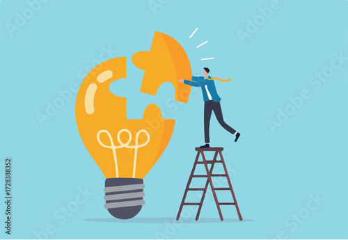 Solve business problem with creativity, finishing or complete brilliant idea, work solution or business idea concept, smart businessman assemble last piece of jigsaw to complete lightbulb idea puzzle.