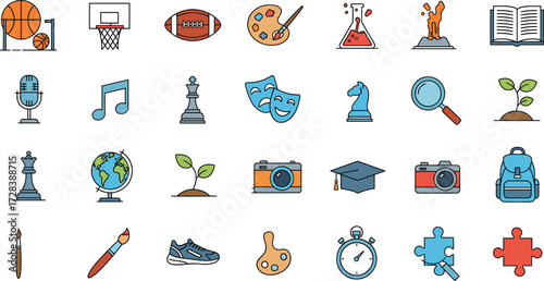 Educational Subjects and Hobby Icons Set Featuring Sports, Arts, Science, Music, Literature, and Personal Development in Colorful Vector Style