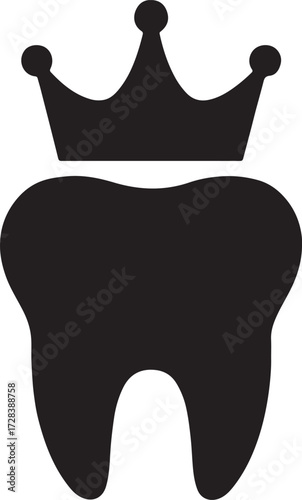 Tooth with crown silhouette icon, dental restoration design for dentistry, clinic, and oral care.