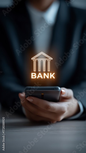 Mobile Banking and Financial Innovation: A person holds a smartphone displaying a bank icon, symbolizing secure financial transactions and the modern era of digital banking.