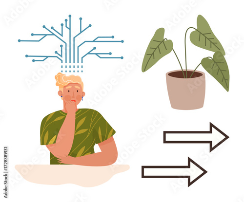 Person in green shirt with circuit-thumbs up brain connections, potted plant beside them, and two opposing arrows. Ideal for technology, environment, decision-making, nature, sustainability