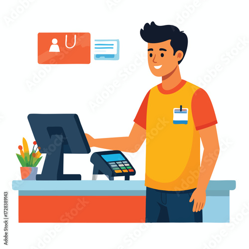 A cashier stands at a checkout counter with a monitor, card reader, and floral decoration.