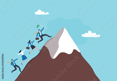 Success business mission, leadership to lead team to achieve goal, challenge or effort to reach target, motivation and teamwork to success, business people team members running to reach mountain peak.