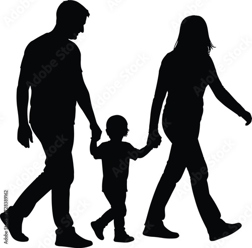 Silhouette family walking together holding hands, parents with child, unity and love, black vector illustration for togetherness and protection