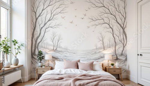 Modern bedroom interior design with artistic wall mural and cozy bed stylish