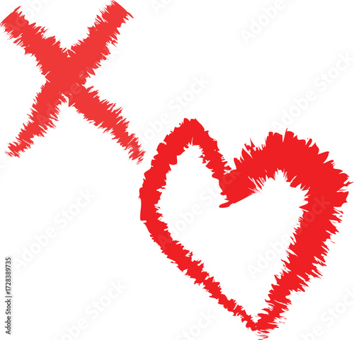 Red Brushstroke X and Heart Symbolizing Affectionate Hugs and Kisses on a White Backdrop Promoting Love and Connection