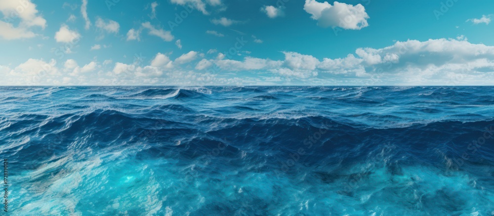 Fototapeta premium 3d ocean waves, serene blue horizon, realistic water textures, dramatic sky with fluffy clouds, photorealistic, highly detailed