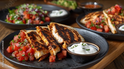 Mexican dishes with chicken quesadilla as the main subject