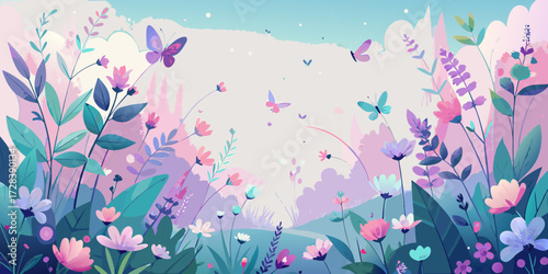 Abstract vector floral design illustration with colorful spring and summer flowers, leaves, and a butterfly on a pink grunge background