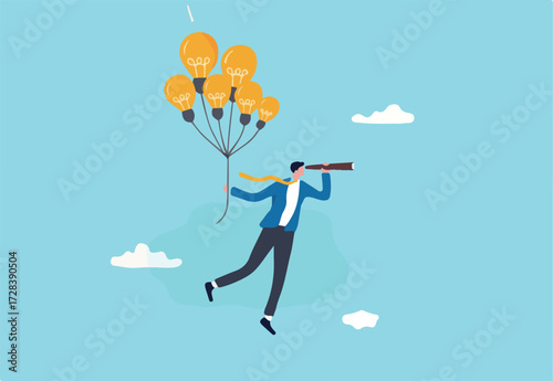 Business ideas, creativity or innovation to searching for new success, finding solution or imagination, visionary or new opportunity concept, businessman flying with lightbulb balloons and telescope