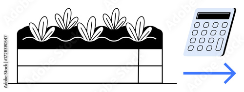 Raised garden bed with growing plants, calculator, and arrow indicating calculation. Ideal for agriculture, budgeting, planning, sustainability, farming eco-business and education concepts. Simple