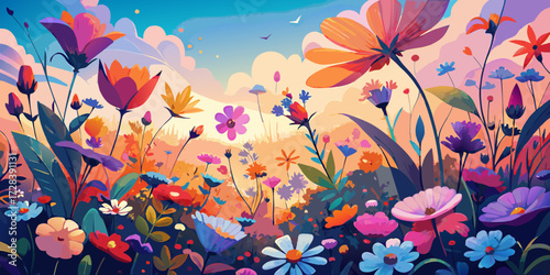 Colorful floral vector illustration pattern of blooming flowers, leaves, and a butterfly in the wind for beautiful spring and summer seamless design