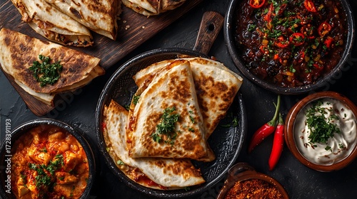 Mexican dishes with chicken quesadilla as the main subject