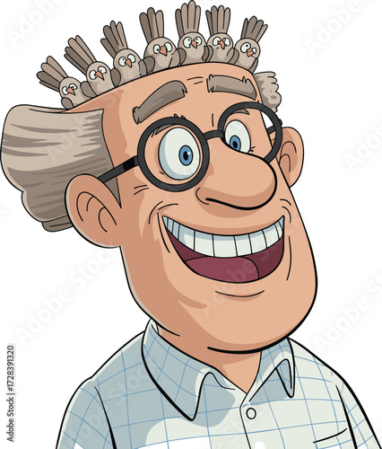 Cheerful elderly man with bird crown, smiling cartoon character, humorous senior portrait, whimsical vector illustration for fun lifestyle concepts