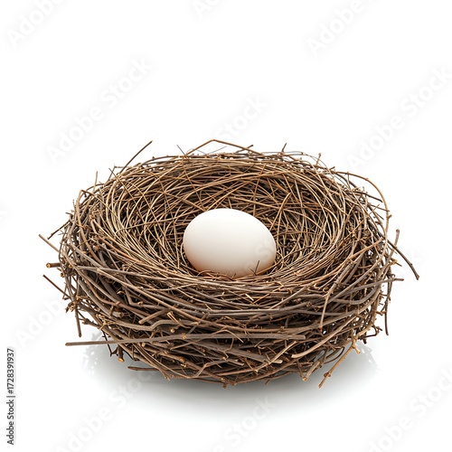 Egg in Bird Nest Resting Isolated on White Background