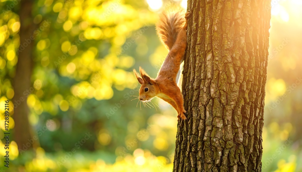 Fototapeta premium Red squirrel climbing tree, golden light