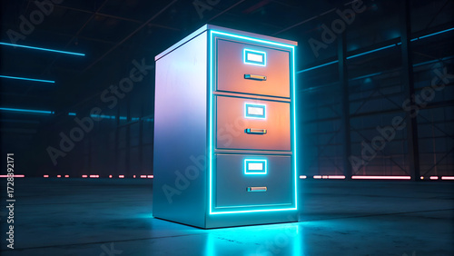 Futuristic glowing filing cabinet with neon lights in a dark digital environment