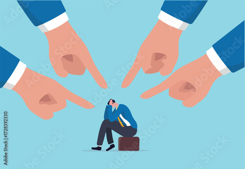 Toxic work, abuse or bullying colleagues, bad culture make exhausted depressed employee, fear of failure and responsibility, giant boss hands pointing and blaming at depressed businessman employee