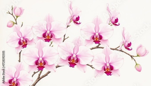 Elegant pink orchids floral painting on white background, exquisite botanical artwork for serene spaces