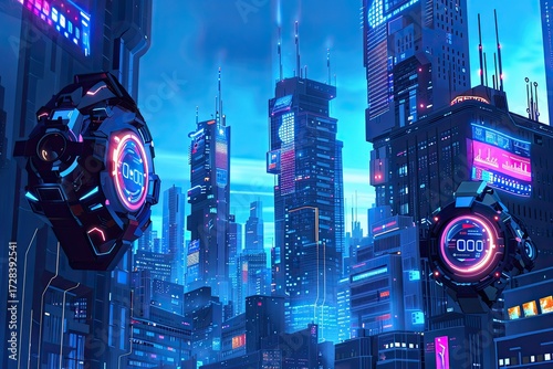 Futuristic digital city skyline with virtual payment system technology