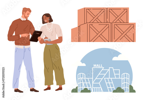 Two colleagues reviewing documents, large stacked crates, modern shopping mall outline. Ideal for logistics, teamwork, retail, supply chain, e-commerce distribution organization. Simple flat