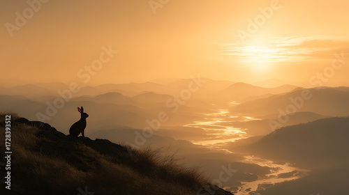 A rabbit overlooking a sunrise from a hilltop (1)