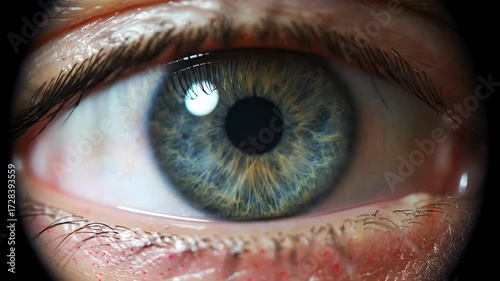 Intense close up of a human eye reflecting light, revealing intricate iris patterns and a deep, captivating gaze for medical or conceptual use