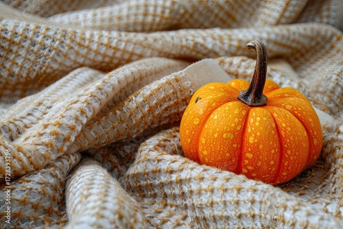 Small decorative pumpkin resting on soft cozy fabric autumn background