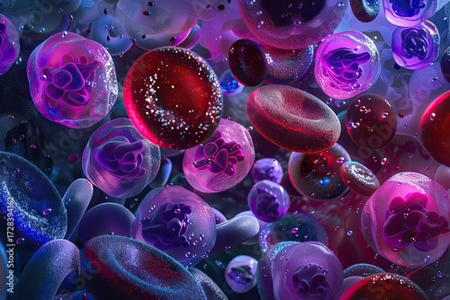Microscopic view of human erythrocytes and leukocytes in blood sample
