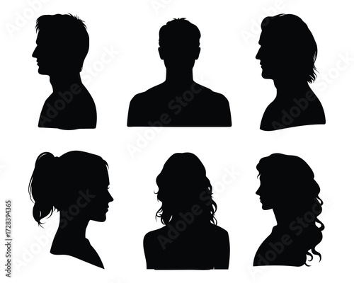 Male and Female Profile Avatar Silhouettes, Vector Set