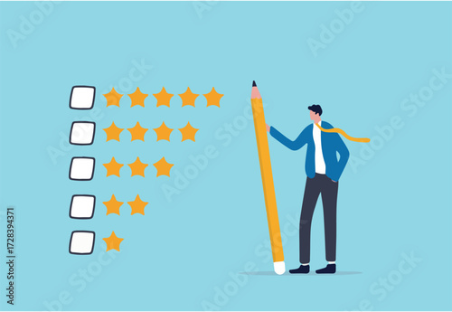 Evaluation or satisfaction feedback, performance rating or customer review, giving stars quality result, rate the service concept, thoughtful businessman holding pencil to evaluate star feedback.