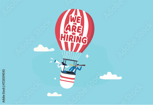 We are hiring announcement for HR human resources to recruit new candidate, employment or career search, hiring vacancy or work opportunity concept, business people HR on balloon search for candidate.