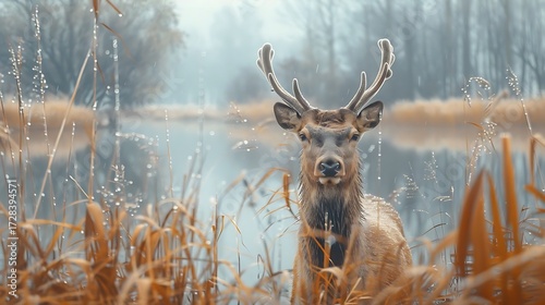 A deer stands in the tall grass near a lake on a foggy day with trees in the background and water droplets on transparent background silhouette