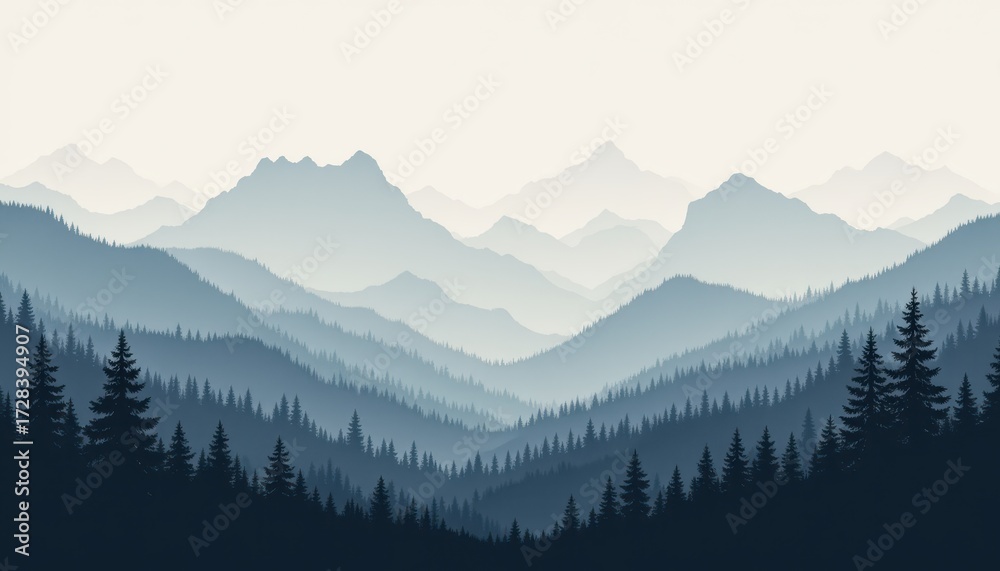 Obraz premium Majestic mountain landscape, towering peaks and lush pine forests in harmony serene