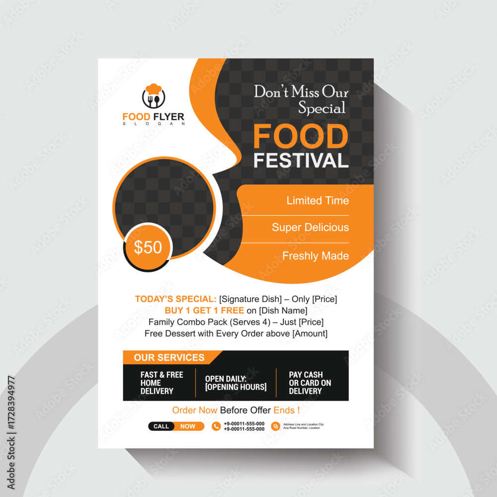Obraz premium Food Festival Flyer Template. Restaurant Flyer Template. Restaurant Promotion Poster Design. Modern Fast Food Menu and Home Delivery Layout. 