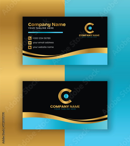 Elegant Luxury Business Card Template in Black, Gold, and Blue with Modern Wavy Accents.