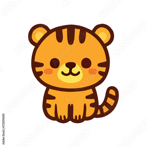 A cute cartoon of Tiger icon with a funny smile is a sweet illustration of a brown baby animal toy. perfect for children book design.