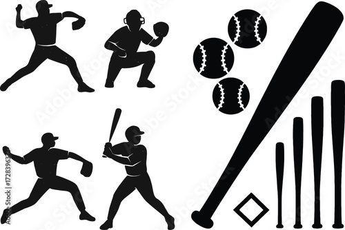 Dynamic baseball team silhouettes of players equipment and action poses for sports graphics 