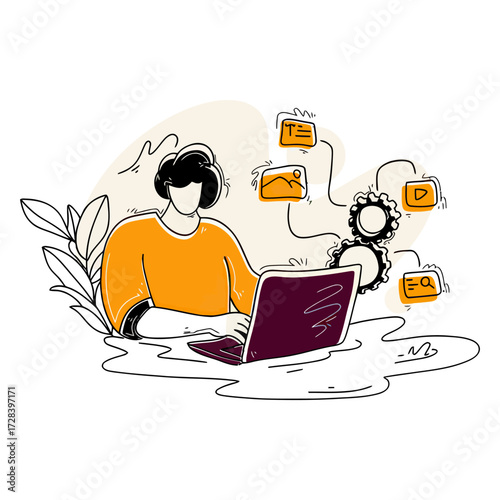 Design illustration of a person working on a laptop with gears and icons representing software development work verctor art illustration png