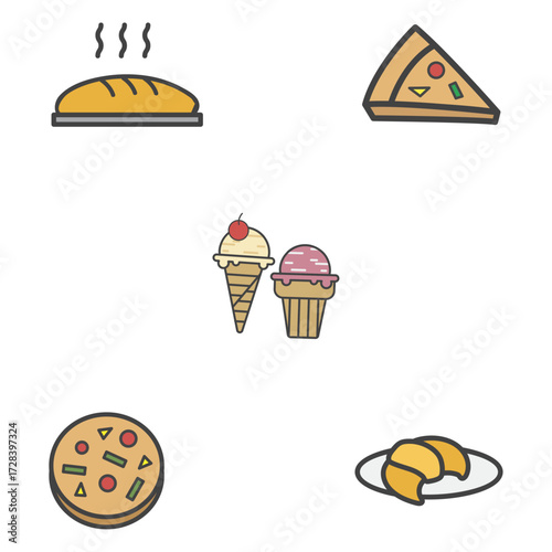Colorful line art icon set of fast food, bakery items, and dessert treat illustrations