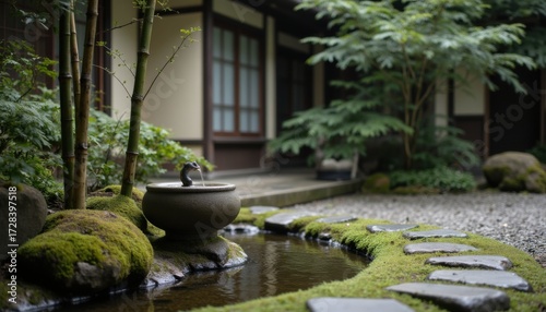 Serene Japanese Garden with Stone Pathway and Tranquil Water Feature