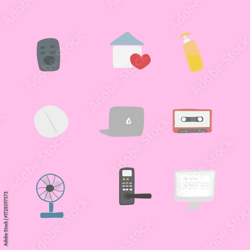 Set of nine simple digital icons representing common household items and technology on a pink background