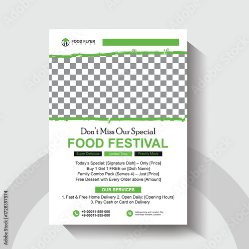 Food Festival Flyer Template. Restaurant Flyer Template. Restaurant Promotion Poster Design. Modern Fast Food Menu and Home Delivery Layout. 