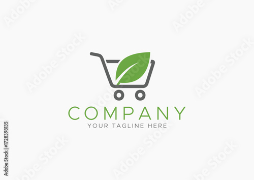 Organic and Eco-Friendly Shopping Cart Logo Icon with Green Leaf Symbol in Minimalist Design